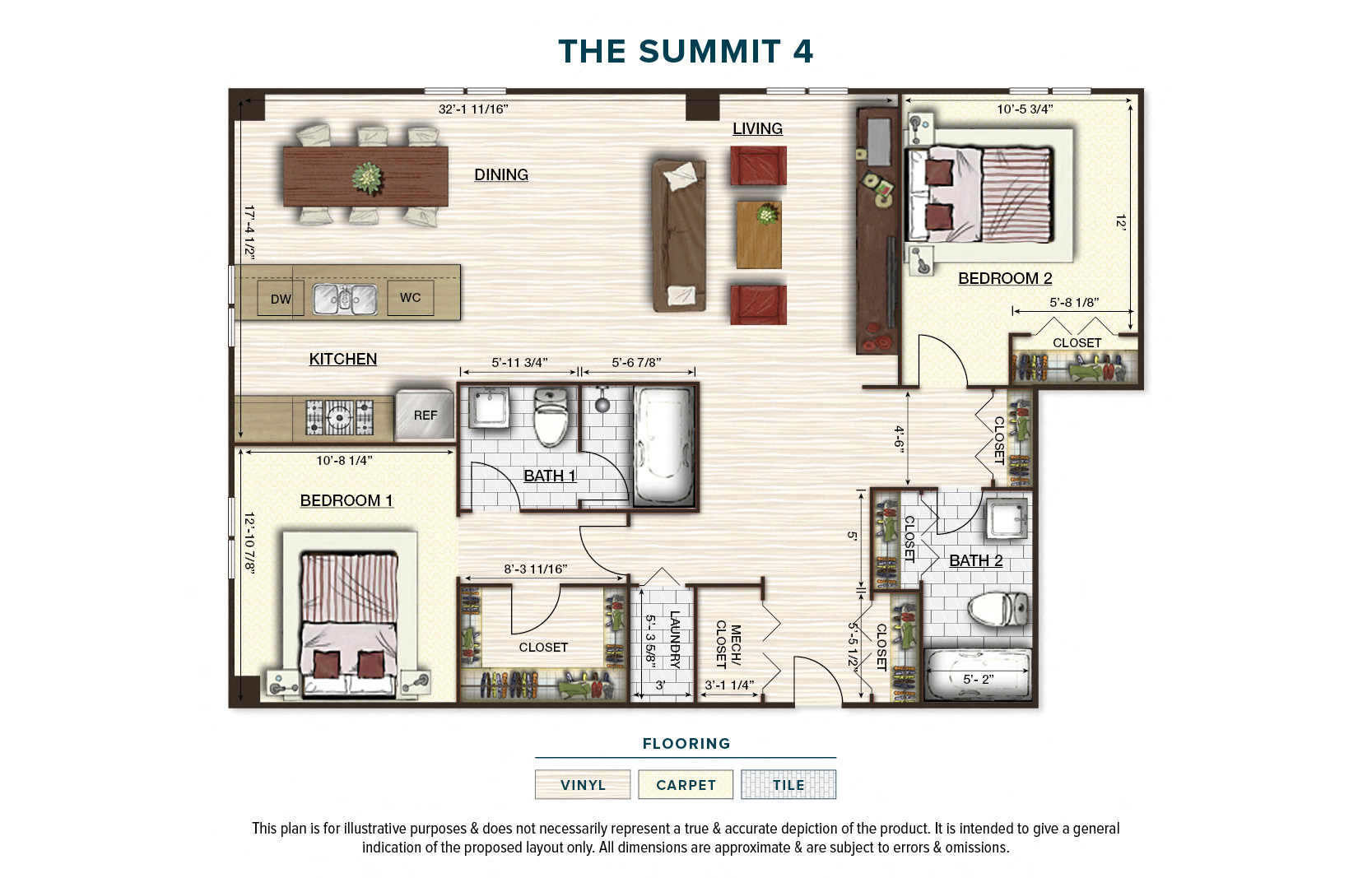 Floor plan for 2 beds, 2 baths, 1236 sqft